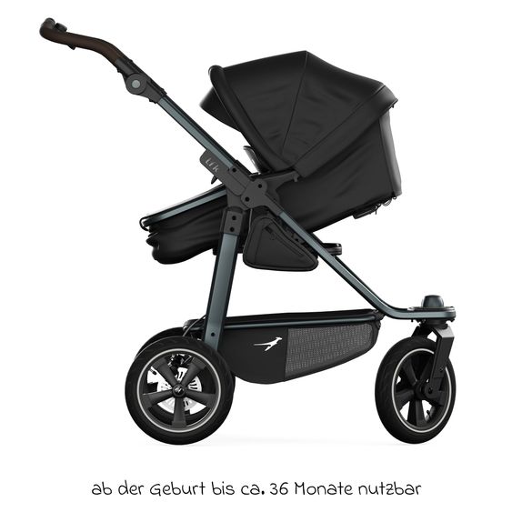 TFK Kombi-Kinderwagen Mono 3 Luftreifen neuer Bremse, Kombi-Einheit (Babywanne+Sitz), Liegeposition & XXL Zubehörpaket - Schwarz