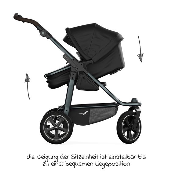 TFK Kombi-Kinderwagen Mono 3 Luftreifen neuer Bremse, Kombi-Einheit (Babywanne+Sitz), Liegeposition & XXL Zubehörpaket - Schwarz