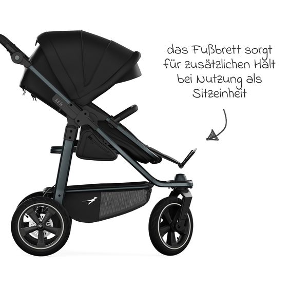 TFK Kombi-Kinderwagen Mono 3 Luftreifen neuer Bremse, Kombi-Einheit (Babywanne+Sitz), Liegeposition & XXL Zubehörpaket - Schwarz