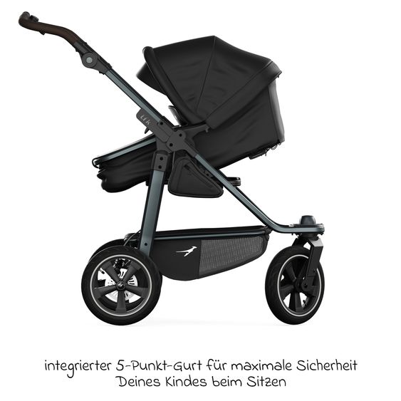 TFK Kombi-Kinderwagen Mono 3 Luftreifen neuer Bremse, Kombi-Einheit (Babywanne+Sitz), Liegeposition & XXL Zubehörpaket - Schwarz