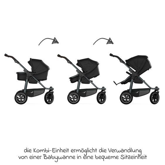 TFK Kombi-Kinderwagen Mono 3 Luftreifen neuer Bremse, Kombi-Einheit (Babywanne+Sitz), Liegeposition & XXL Zubehörpaket - Schwarz