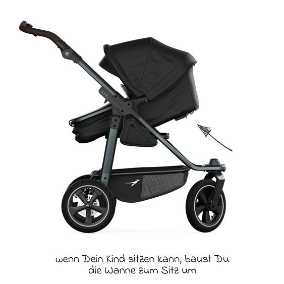 TFK Kombi-Kinderwagen Mono 3 Luftreifen neuer Bremse, Kombi-Einheit (Babywanne+Sitz), Liegeposition & XXL Zubehörpaket - Schwarz