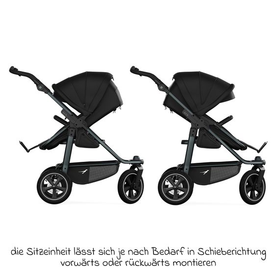 TFK Kombi-Kinderwagen Mono 3 Luftreifen neuer Bremse, Kombi-Einheit (Babywanne+Sitz), Liegeposition & XXL Zubehörpaket - Schwarz