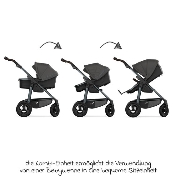 TFK Combi baby carriage Mono 4 pneumatic tires incl. combi unit (carrycot+seat) with reclining position & XXL accessory pack - anthracite