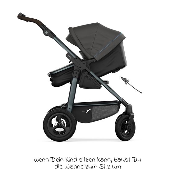 TFK Combi baby carriage Mono 4 pneumatic tires incl. combi unit (carrycot+seat) with reclining position & XXL accessory pack - anthracite