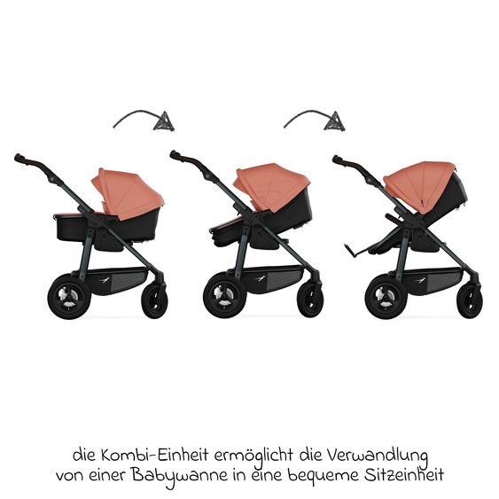 TFK Combi baby carriage Mono 4 pneumatic tires incl. combi unit (carrycot+seat) with reclining position & XXL accessory pack - salmon