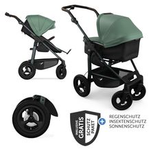 Combi baby carriage Mono 4 pneumatic tires incl. combi unit (carrycot+seat) with reclining position & XXL accessory pack - Olive