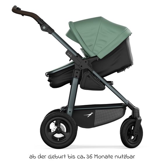 TFK Combi baby carriage Mono 4 pneumatic tires incl. combi unit (carrycot+seat) with reclining position & XXL accessory pack - Olive