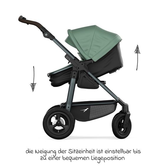 TFK Combi baby carriage Mono 4 pneumatic tires incl. combi unit (carrycot+seat) with reclining position & XXL accessory pack - Olive