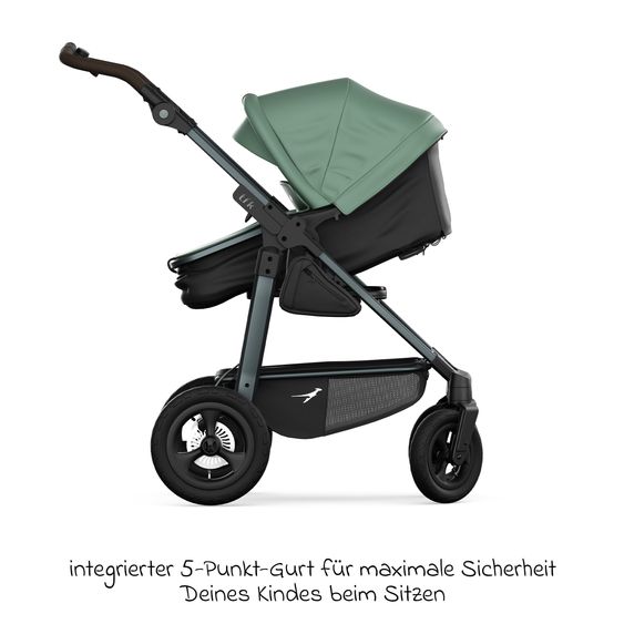 TFK Combi baby carriage Mono 4 pneumatic tires incl. combi unit (carrycot+seat) with reclining position & XXL accessory pack - Olive