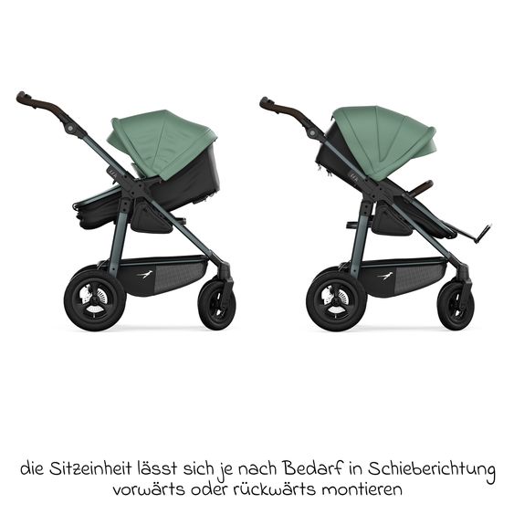TFK Combi baby carriage Mono 4 pneumatic tires incl. combi unit (carrycot+seat) with reclining position & XXL accessory pack - Olive