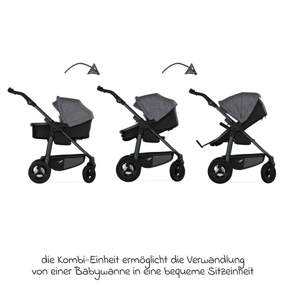 TFK Kombi-Kinderwagen Mono 4 Luftreifen inkl. Kombi-Einheit (Babywanne+Sitz) mit Liegeposition & XXL Zubehörpaket - Premium Grau