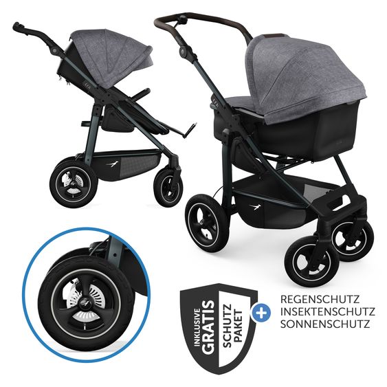 TFK Kombi-Kinderwagen Mono 4 Luftreifen mit neuer Bremse, Kombi-Einheit (Babywanne+Sitz) mit Liegeposition & XXL Zubehörpaket - Premium Grau