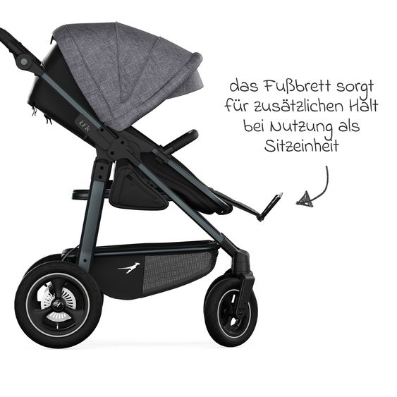 TFK Kombi-Kinderwagen Mono 4 Luftreifen mit neuer Bremse, Kombi-Einheit (Babywanne+Sitz) mit Liegeposition & XXL Zubehörpaket - Premium Grau