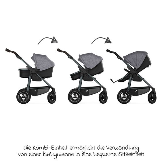 TFK Kombi-Kinderwagen Mono 4 Luftreifen mit neuer Bremse, Kombi-Einheit (Babywanne+Sitz) mit Liegeposition & XXL Zubehörpaket - Premium Grau