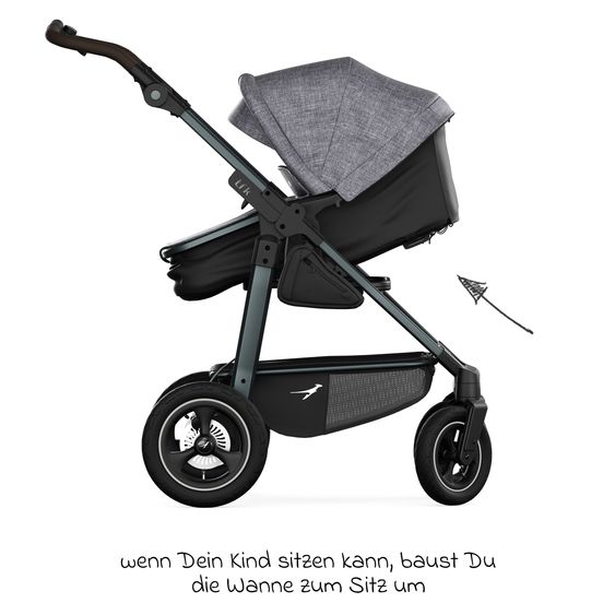 TFK Kombi-Kinderwagen Mono 4 Luftreifen mit neuer Bremse, Kombi-Einheit (Babywanne+Sitz) mit Liegeposition & XXL Zubehörpaket - Premium Grau
