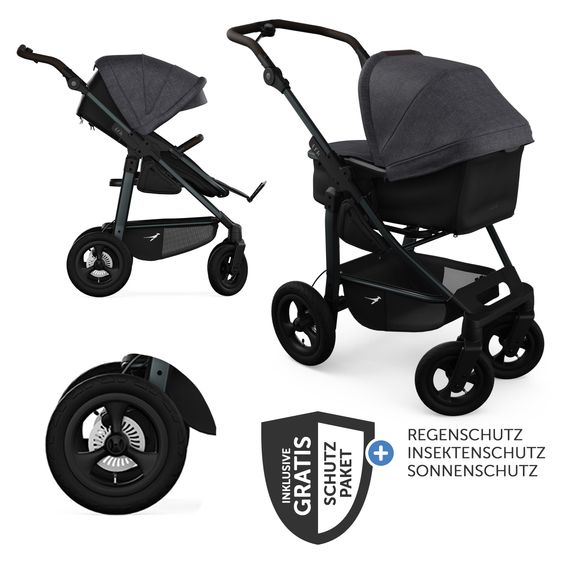 TFK Kombi-Kinderwagen Mono 4 Luftreifen inkl. Kombi-Einheit (Babywanne+Sitz) mit Liegeposition & XXL Zubehörpaket - Premium Schwarz