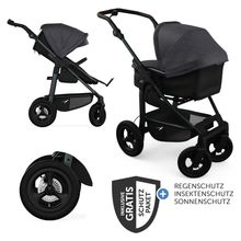 Kombi-Kinderwagen Mono 4 Luftreifen inkl. Kombi-Einheit (Babywanne+Sitz) mit Liegeposition & XXL Zubehörpaket - Premium Schwarz
