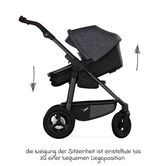 TFK Kombi-Kinderwagen Mono 4 Luftreifen inkl. Kombi-Einheit (Babywanne+Sitz) mit Liegeposition & XXL Zubehörpaket - Premium Schwarz