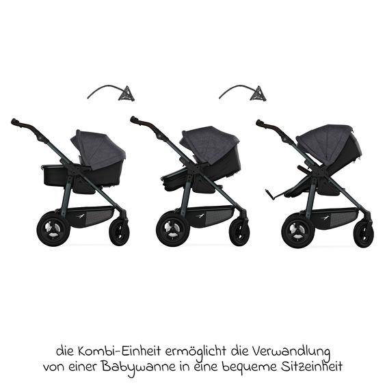 TFK Kombi-Kinderwagen Mono 4 Luftreifen inkl. Kombi-Einheit (Babywanne+Sitz) mit Liegeposition & XXL Zubehörpaket - Premium Schwarz
