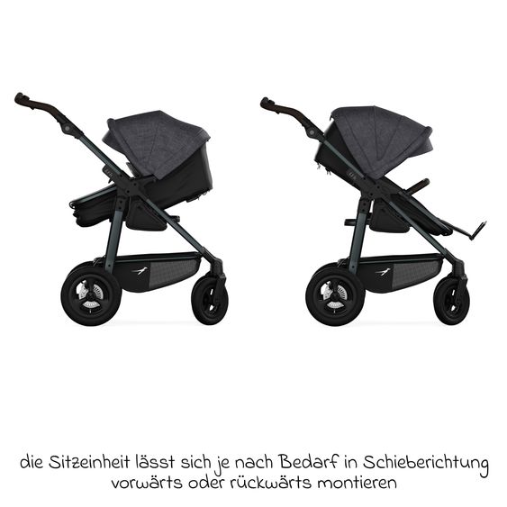 TFK Kombi-Kinderwagen Mono 4 Luftreifen inkl. Kombi-Einheit (Babywanne+Sitz) mit Liegeposition & XXL Zubehörpaket - Premium Schwarz