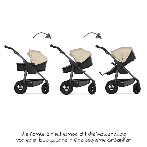 TFK Combi baby carriage Mono 4 pneumatic tires incl. combi unit (carrycot+seat) with reclining position & XXL accessory pack - Sand