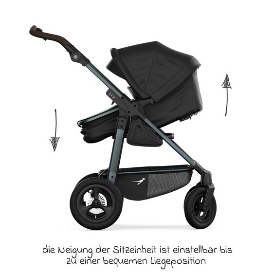 TFK Combi baby carriage Mono 4 pneumatic tires incl. combi unit (carrycot+seat) with reclining position & XXL accessory pack - black