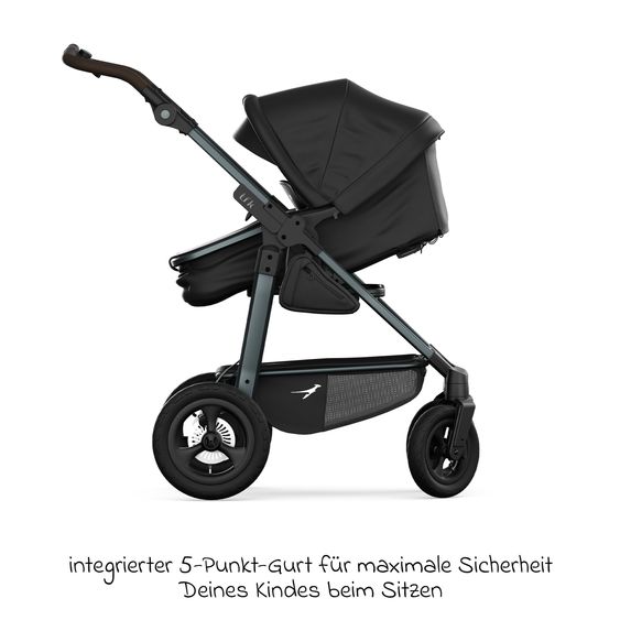 TFK Combi baby carriage Mono 4 pneumatic tires incl. combi unit (carrycot+seat) with reclining position & XXL accessory pack - black