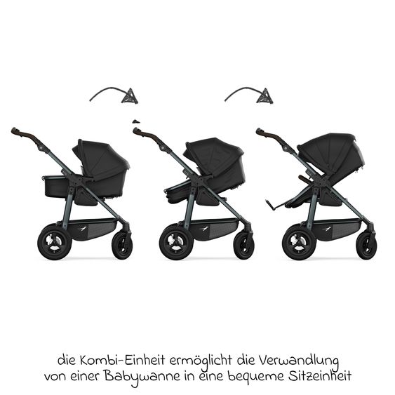TFK Combi baby carriage Mono 4 pneumatic tires incl. combi unit (carrycot+seat) with reclining position & XXL accessory pack - black