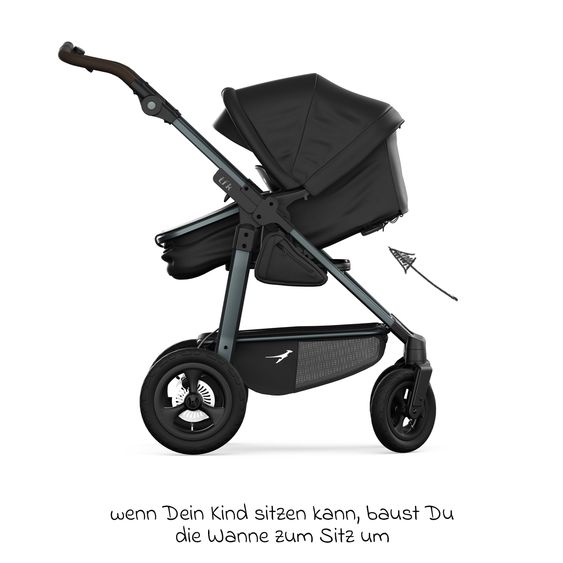 TFK Combi baby carriage Mono 4 pneumatic tires incl. combi unit (carrycot+seat) with reclining position & XXL accessory pack - black
