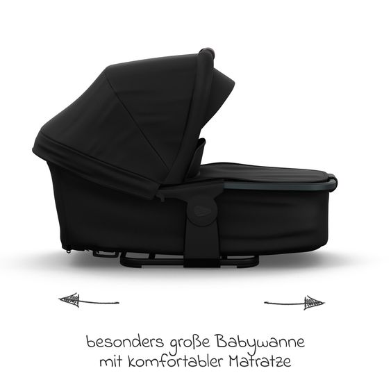 TFK Combi baby carriage Mono 4 pneumatic tires incl. combi unit (carrycot+seat) with reclining position & XXL accessory pack - black