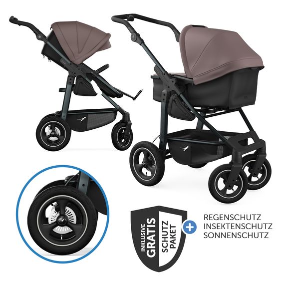 TFK Kombi-Kinderwagen Mono 4 Luftreifen mit neuer Bremse, Kombi-Einheit (Babywanne+Sitz), Liegeposition & XXL Zubehörpaket - Braun