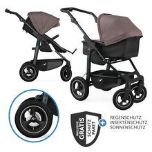 Kombi-Kinderwagen Mono 4 Luftreifen mit neuer Bremse, Kombi-Einheit (Babywanne+Sitz), Liegeposition & XXL Zubehörpaket - Braun