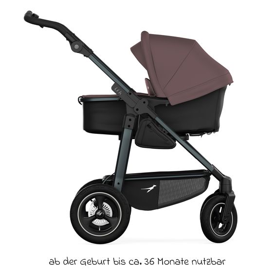 TFK Kombi-Kinderwagen Mono 4 Luftreifen mit neuer Bremse, Kombi-Einheit (Babywanne+Sitz), Liegeposition & XXL Zubehörpaket - Braun