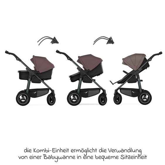 TFK Kombi-Kinderwagen Mono 4 Luftreifen mit neuer Bremse, Kombi-Einheit (Babywanne+Sitz), Liegeposition & XXL Zubehörpaket - Braun