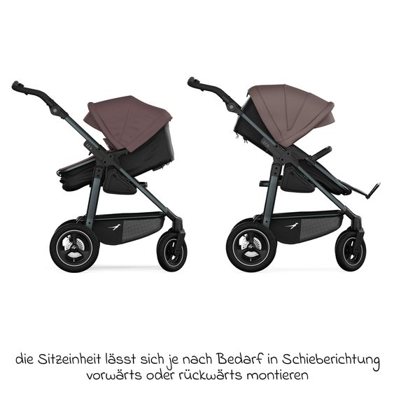 TFK Kombi-Kinderwagen Mono 4 Luftreifen mit neuer Bremse, Kombi-Einheit (Babywanne+Sitz), Liegeposition & XXL Zubehörpaket - Braun