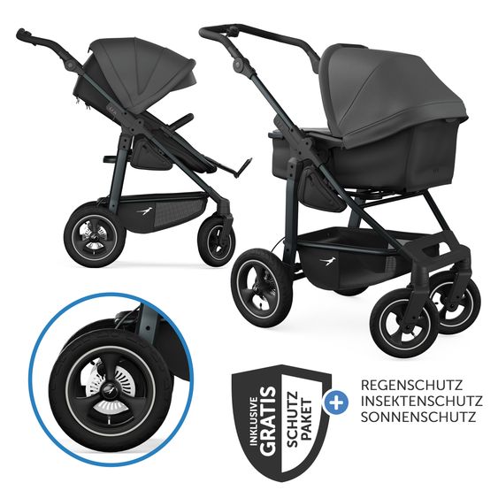 TFK Passeggino combinato Mono 4 Pneumatici con Nuovo Freno, Unità Combinata (Navicella+Seggiolino), Posizione Distesa & Pacchetto Accessori XXL - Grigio