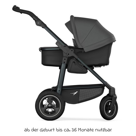 TFK Passeggino combinato Mono 4 Pneumatici con Nuovo Freno, Unità Combinata (Navicella+Seggiolino), Posizione Distesa & Pacchetto Accessori XXL - Grigio