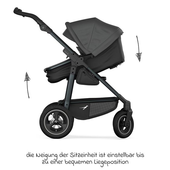 TFK Passeggino combinato Mono 4 Pneumatici con Nuovo Freno, Unità Combinata (Navicella+Seggiolino), Posizione Distesa & Pacchetto Accessori XXL - Grigio