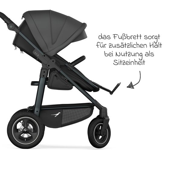 TFK Passeggino combinato Mono 4 Pneumatici con Nuovo Freno, Unità Combinata (Navicella+Seggiolino), Posizione Distesa & Pacchetto Accessori XXL - Grigio