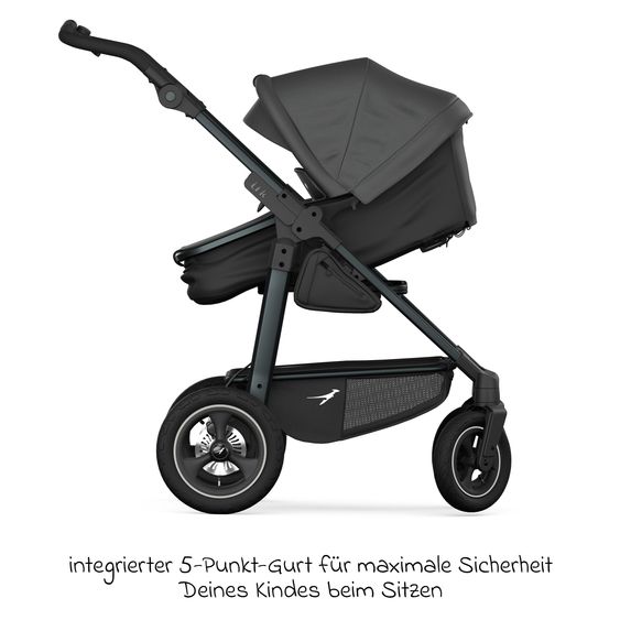 TFK Passeggino combinato Mono 4 Pneumatici con Nuovo Freno, Unità Combinata (Navicella+Seggiolino), Posizione Distesa & Pacchetto Accessori XXL - Grigio