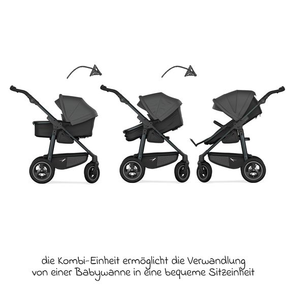 TFK Passeggino combinato Mono 4 Pneumatici con Nuovo Freno, Unità Combinata (Navicella+Seggiolino), Posizione Distesa & Pacchetto Accessori XXL - Grigio