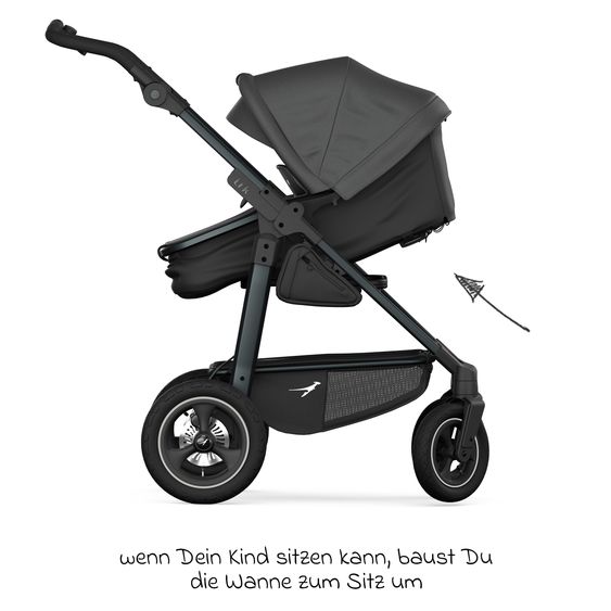TFK Passeggino combinato Mono 4 Pneumatici con Nuovo Freno, Unità Combinata (Navicella+Seggiolino), Posizione Distesa & Pacchetto Accessori XXL - Grigio