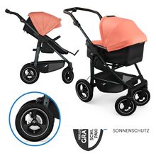 Kombi-Kinderwagen Mono 4 Luftreifen mit neuer Bremse, Kombi-Einheit (Babywanne+Sitz), Liegeposition & XXL Zubehörpaket - Lachs