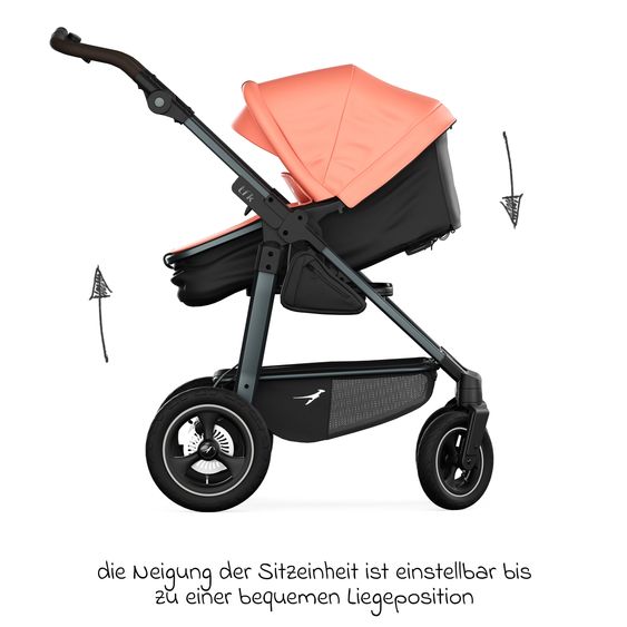 TFK Kombi-Kinderwagen Mono 4 Luftreifen mit neuer Bremse, Kombi-Einheit (Babywanne+Sitz), Liegeposition & XXL Zubehörpaket - Lachs