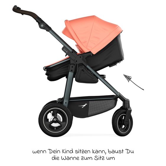 TFK Kombi-Kinderwagen Mono 4 Luftreifen mit neuer Bremse, Kombi-Einheit (Babywanne+Sitz), Liegeposition & XXL Zubehörpaket - Lachs