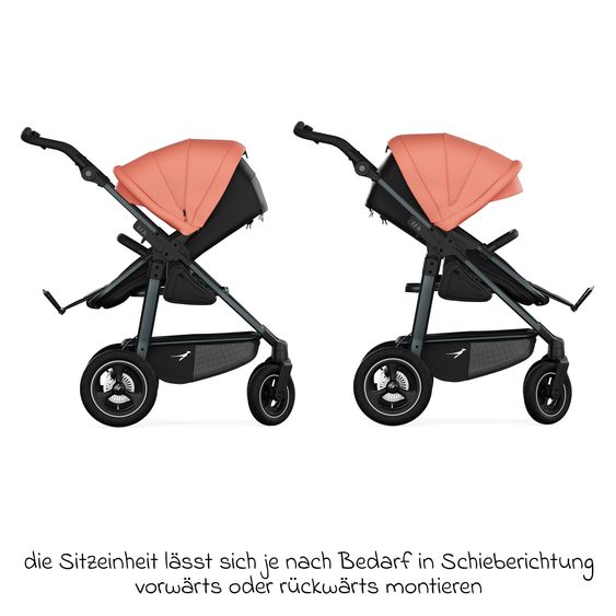 TFK Kombi-Kinderwagen Mono 4 Luftreifen mit neuer Bremse, Kombi-Einheit (Babywanne+Sitz), Liegeposition & XXL Zubehörpaket - Lachs
