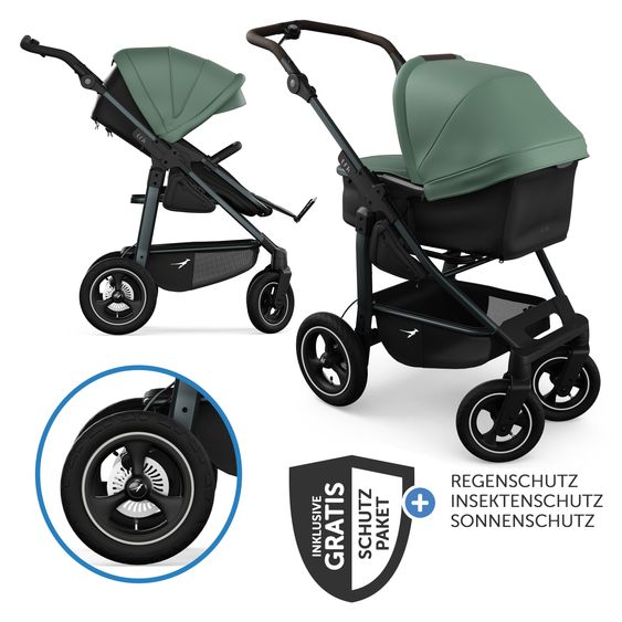 TFK Kombi-Kinderwagen Mono 4 Luftreifen mit neuer Bremse, Kombi-Einheit (Babywanne+Sitz), Liegeposition & XXL Zubehörpaket - Olive