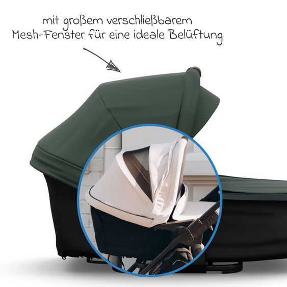 TFK Kombi-Kinderwagen Mono 4 Luftreifen mit neuer Bremse, Kombi-Einheit (Babywanne+Sitz), Liegeposition & XXL Zubehörpaket - Olive