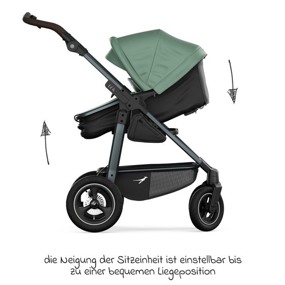 TFK Kombi-Kinderwagen Mono 4 Luftreifen mit neuer Bremse, Kombi-Einheit (Babywanne+Sitz), Liegeposition & XXL Zubehörpaket - Olive